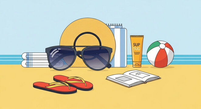 Beach vacation accessories laid on sandy shore with ocean view including sunglasses sun hat flip flops sunscreen and beach ball