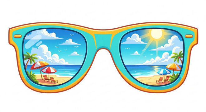 Colorful sunglasses with beach scene reflected in lenses summer vacation concept with tropical background