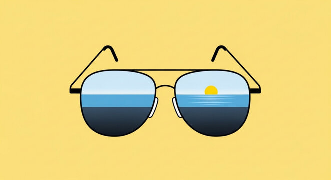 Trendy sunglasses with gradient lenses reflecting ocean sunset on yellow background for summer vacation and relaxation concepts