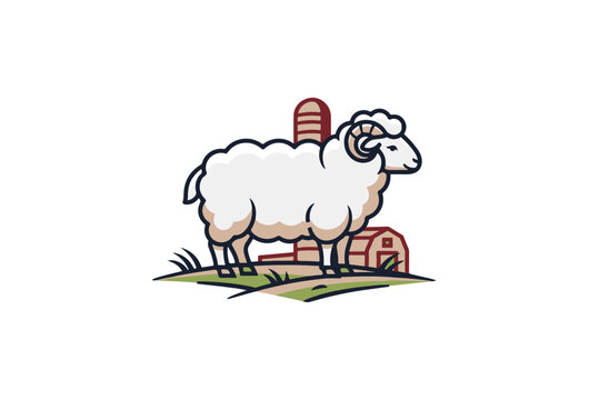 Cartoon sheep, farm animal, white ram, rural landscape, vector icon