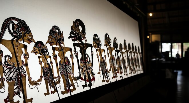 Wayang Kulit traditional Javanese leather shadow puppets arranged in a long row on a backlit white screen indoor style