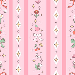 Naklejka premium Seamless pattern with cute bows, flowers, butterflies on pink. Trendy vertical stripe background. Hand drawn vector illustration. Coquette wrapping paper, wallpaper, social media cottage core banner.