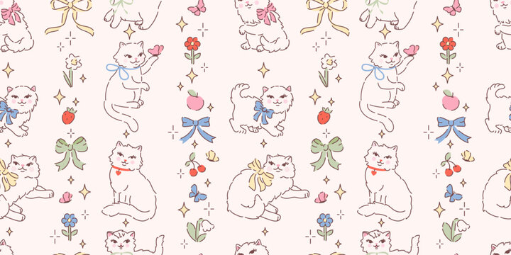 Seamless pattern with cute white fluffy cats, butterflies, bows and flowers. Hand drawn vector illustration in vintage style. Funny retro pet character background. Cottage core kitty on white.