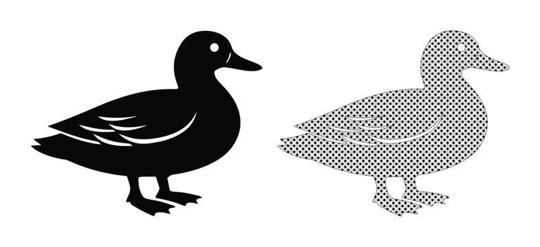 Minimalist duck silhouette vector set, black mallard bird icon and halftone pattern duckling graphic, flat waterfowl illustration for nature logos