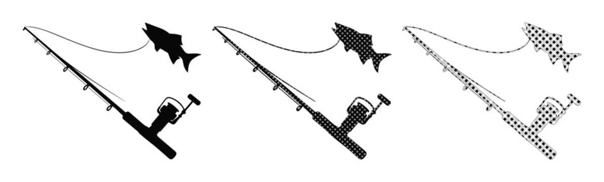 Fishing rod and fish silhouette set, black fishing pole with reel and jumping fish vector, minimalist angling equipment icons for outdoor sports