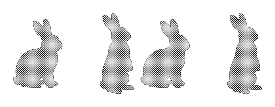 Minimalist rabbit silhouette set, grey bunny vector icons in sitting and standing poses, 4 animal elements for Easter and nature design projects
