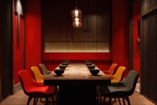 Vibrant red private dining room with long wooden table, colorful chairs, and warm lighting