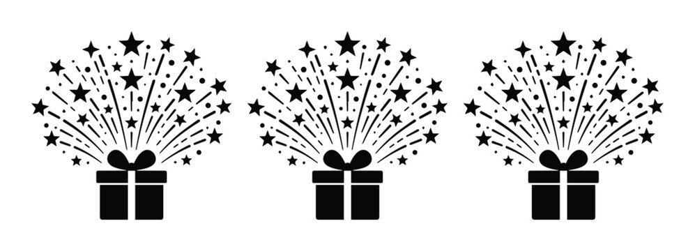 Black gift box icons with exploding fireworks and stars, surprise present vector set, festive celebration elements for holiday greeting cards