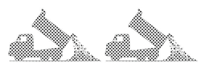 Industrial dump truck vector icons, heavy construction tipper lorry unloading gravel, black and white dumper truck silhouette set for logistics © Jemie