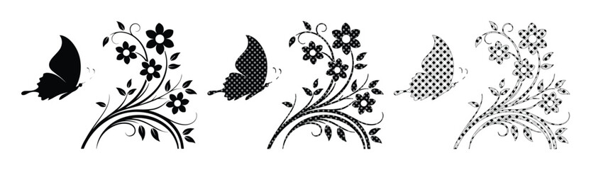 Floral butterfly silhouettes set, black decorative flower vine vectors, elegant garden insect illustrations for wedding invitations and vinyl cutting © Jemie
