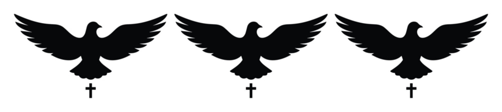 Religious dove silhouette with christian cross, set of 3 holy spirit bird icons, black flying pigeon vector graphics for church branding
