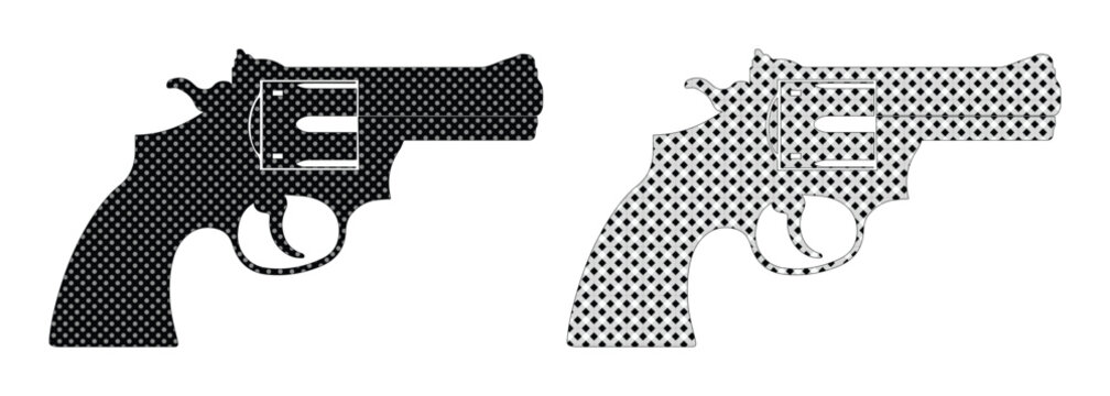 Revolver handgun silhouettes with halftone pattern, black pistol vector icons, classic firearm weapon set for crime and security design