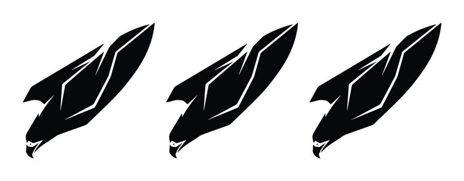 Stylized eagle head silhouettes, minimalist predatory bird icons, black hawk vector illustrations for sports team branding and mascot design