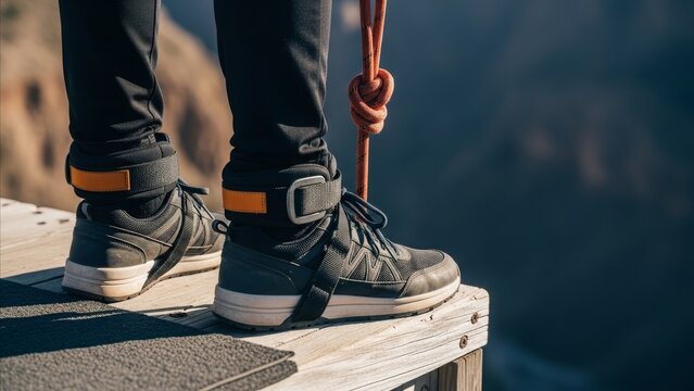 Rock climber feet wearing safety harness and hiking boots standing on wooden platform edge with climbing rope ready for rappelling adventure