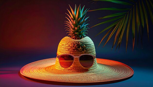 A Creative Summer Concept Featuring A Straw Hat With Sunglasses And A Pineapple Crown Against A Vibrant Neon Gradient Studio Background.