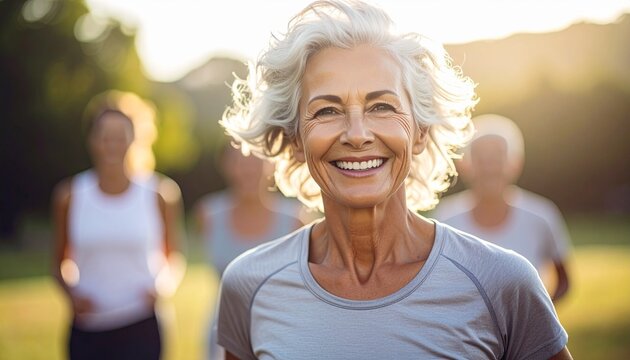 Happy active senior woman smiling during outdoor exercise session with friends in the park during a beautiful sunny morning sunlight.