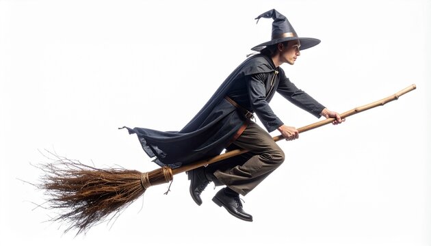 A young man dressed in a traditional witch costume flying on a rustic wooden broomstick isolated against a clean white background studio shot.