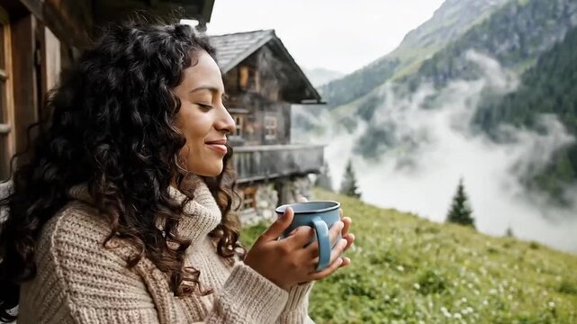 Cozy Woman Drinking Coffee at a Mountain Cabin Chalet for Relaxation and Nature Travel Lifestyle