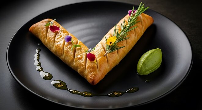 Gourmet grilled salmon fillet arranged in a v shape with herbs and flowers on a dark plate. vbannock