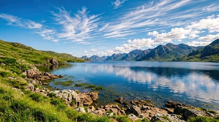 Fototapeta premium Serene Mountain Lake Reflecting Sky and Peaks