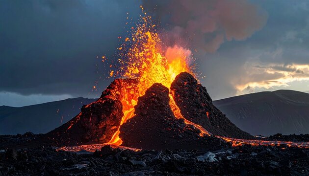 Majestic view of a powerful volcanic eruption with molten lava flowing down the dark mountain under a dramatic stormy sky at twilight.