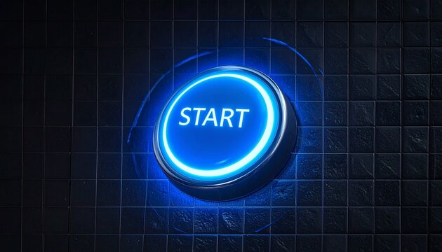 A glowing blue push button with the word start illuminated on a dark tiled surface representing a conceptual beginning or initiation point.
