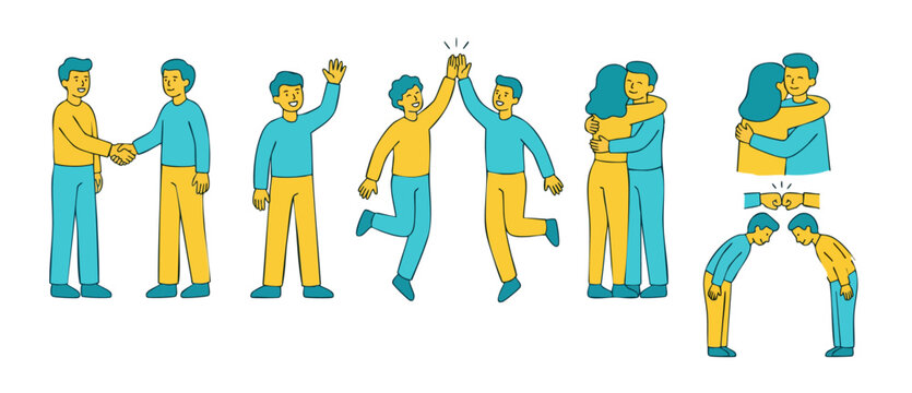 People greeting icons handshake high five hug set, social interaction collection, friendly communication and cooperation gestures in flat vector line art style for business and human relationships con