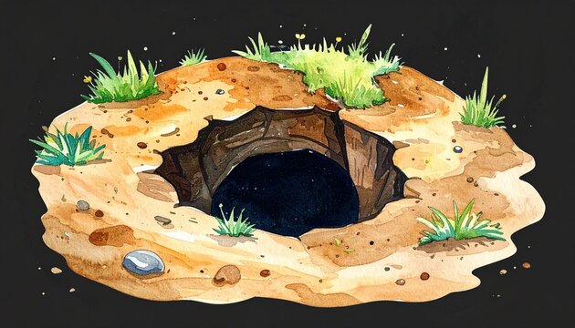 A detailed artistic watercolor illustration of a deep hole in the ground surrounded by small patches of green grass isolated on dark background.