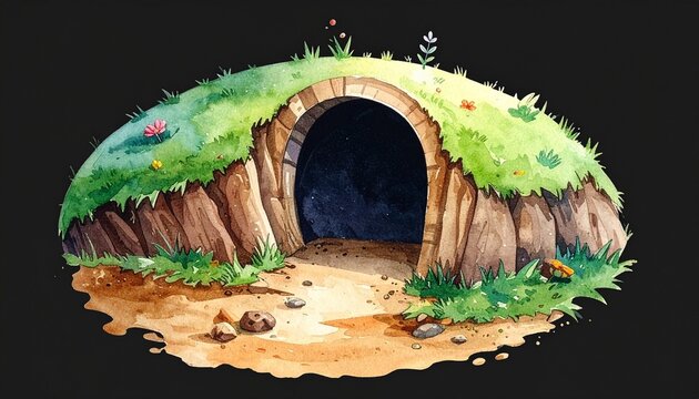 A charming watercolor illustration of a whimsical earthen burrow entrance nestled into a grassy hill isolated on a dark black background.