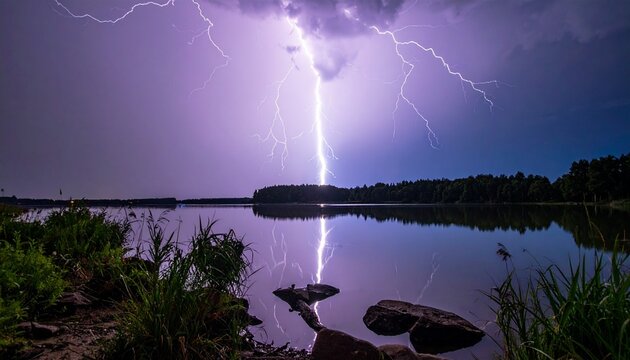 A powerful bolt of bright lightning strikes down over a calm lake at night illuminating the clouds and the water with a vivid purple light.