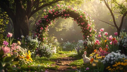 Fototapeta premium Enchanting fairytale garden with a beautiful floral archway surrounded by colorful blooming spring flowers and a cute white bunny rabbit.