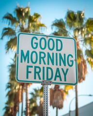 Fototapeta premium Good morning friday sign with green text outdoors under tropical palm trees on a sunny summer blue sky day