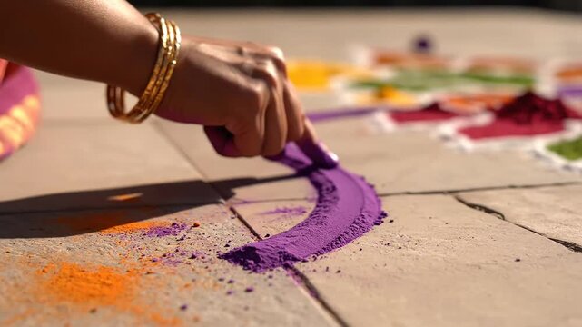 A woman's hand with golden bangles carefully draws a vibrant purple rangoli design with colorful powder on outdoor tiled ground, capturing a traditional festive mood.