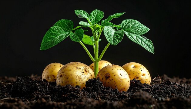 A vibrant green potato plant sprout growing from raw potatoes buried in dark fertile soil representing agriculture and sustainable farming.