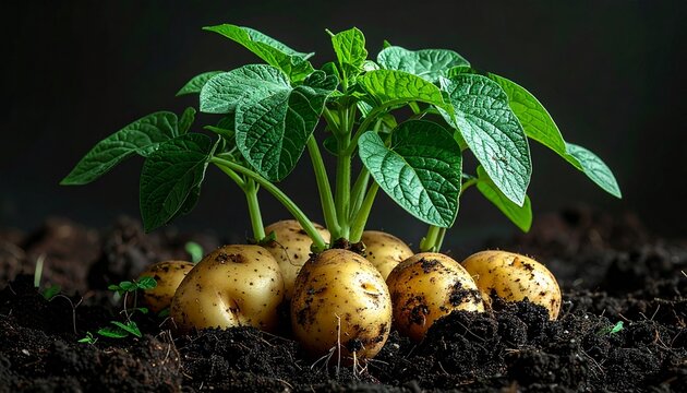 Fresh raw potatoes with green leaves growing from rich organic soil in a bright garden bed showing agricultural development and healthy farming.