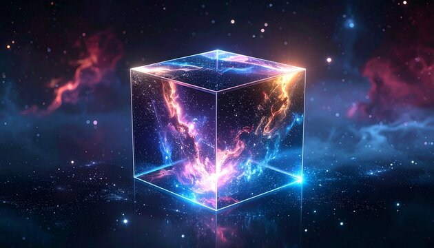 A glowing glass cube floating in deep space filled with vibrant nebula energy and cosmic stardust for a mystical or futuristic concept.