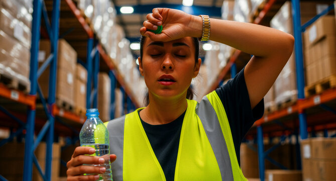 Exhausted female warehouse worker wiping sweat while holding a water bottle. Employee wears a safety vest inside a distribution center. Heat stress concept for occupational health and safety.