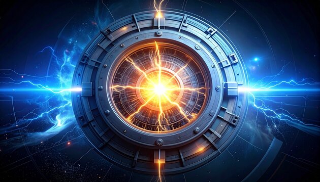Abstract illustration of a futuristic circular energy generator with glowing electrical currents and light beams in deep blue space background.