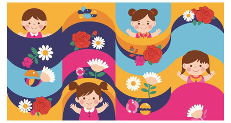 Naklejka premium illustration of children with flowers on transparent background