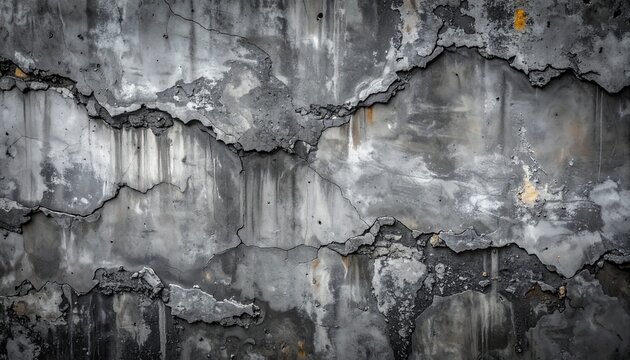 A high resolution close up of a distressed dark grey concrete wall texture with deep cracks and weathered architectural surface details.