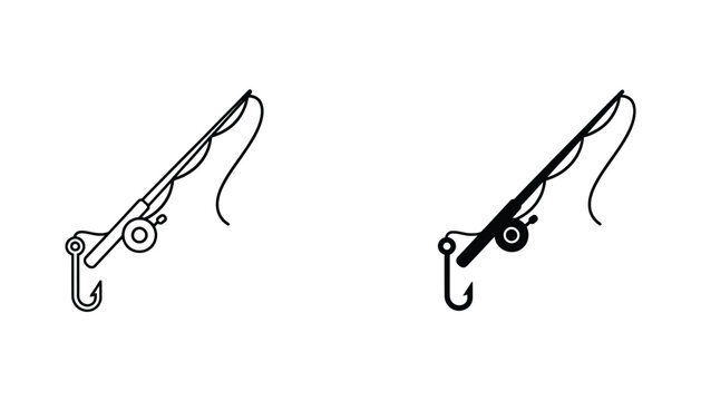 Minimalist fishing rod equipment icon set for outdoor recreation and sports activities showing hook and reel details
