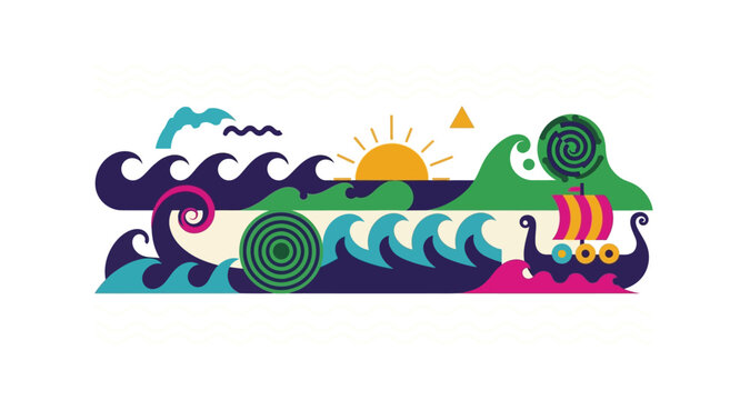 colorful ocean waves and ship illustration on transparent background