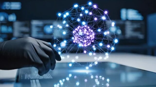 Futuristic Science Technology Laboratory with a Hand Interacting with a Digital Interface and a Glowing Hologram Sphere of Artificial Intelligence Data