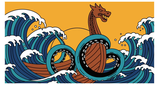 viking ship entangled in waves on transparent background