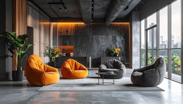 Modern minimalist lounge interior with comfortable orange and grey bean bag chairs in a spacious office or contemporary living room setting.