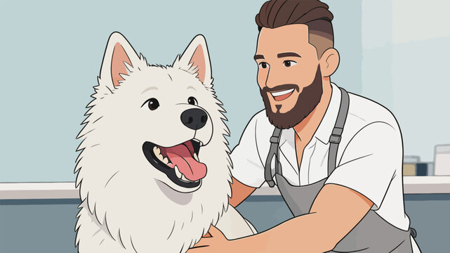Smiling Groomer and Happy Samoyed Dog in Pet Salon