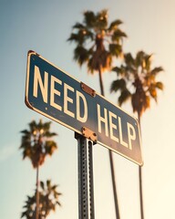 Fototapeta premium Need help sign on a street post with palm trees in the background during a bright sunny day in california