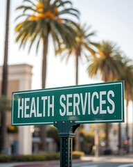 Fototapeta premium Green health services road sign pointing the way to a medical clinic or hospital facility on a sunny day