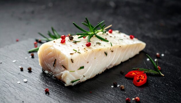 Fresh raw white fish fillet seasoned with aromatic rosemary herbs red peppercorns and sea salt on a rustic black stone slate surface background.