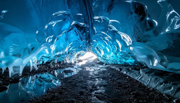 Breathtaking view from inside a majestic blue glacier ice cave featuring stunning crystal structures and frozen patterns in natural light.
